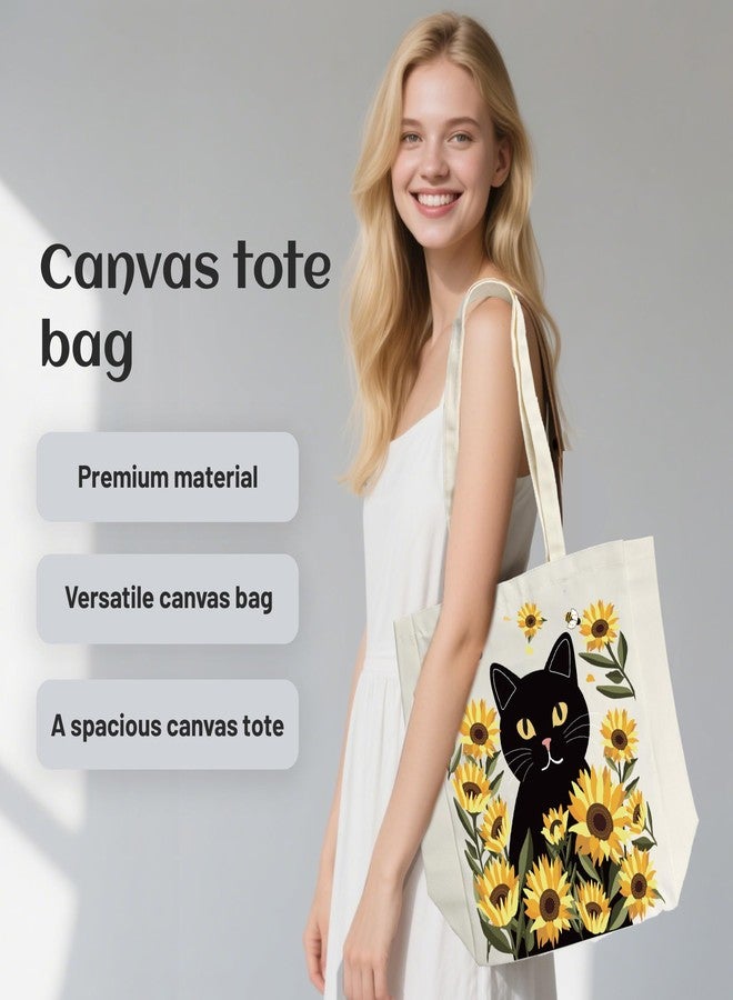 SUNWISHA Aesthetic Canvas Tote Bag for Women - with Zipper Pocket, Anti-Loss Design, Sturdy Shoulder Bag for Lady, Casual Vacation, Shopping, Work, Gym Black Cat, Sunflower - Image 4