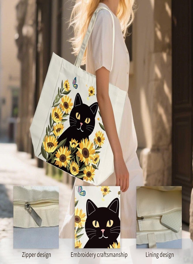 SUNWISHA Aesthetic Canvas Tote Bag for Women - with Zipper Pocket, Anti-Loss Design, Sturdy Shoulder Bag for Lady, Casual Vacation, Shopping, Work, Gym Black Cat, Sunflower - Image 5