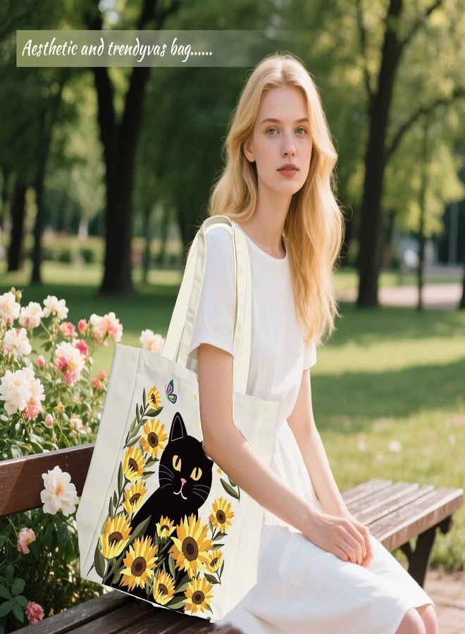 SUNWISHA Aesthetic Canvas Tote Bag for Women - with Zipper Pocket, Anti-Loss Design, Sturdy Shoulder Bag for Lady, Casual Vacation, Shopping, Work, Gym Black Cat, Sunflower - Image 3