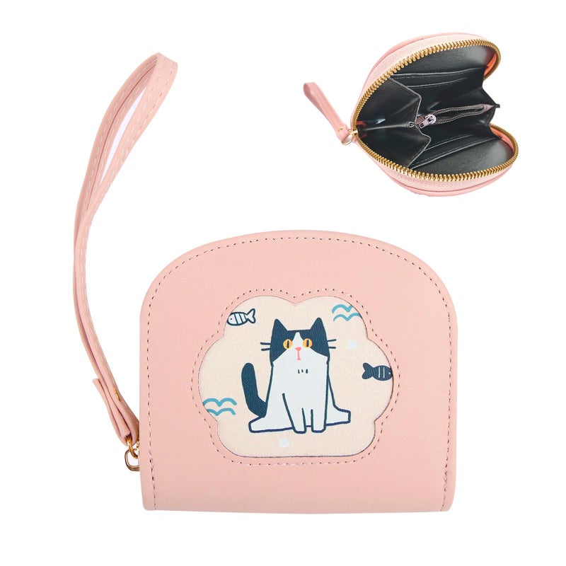 Girls Cute Cat and Fish Small Wallet with Zipper and Wrist Strap - Image 1