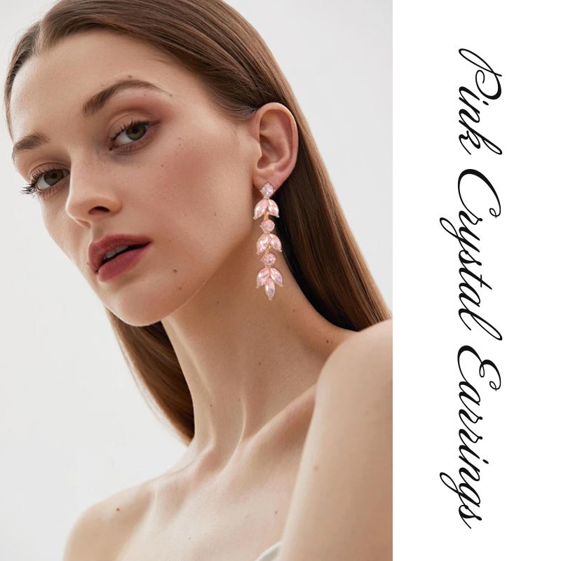 GAOKOXI Pink Wedding Rhinestone Dangle Earrings Elegant Bridal Crystal Drop Earrings for Women Bridesmaids Guest Party Prom - Image 4