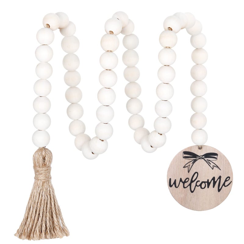 Meplait Welcome Wooden Bead Garland with Tassel, Decorative Beads Home Decor Farmhouse Tassel Garland Boho Decor for Tiered Trayï¼ˆ38inï¼‰ - Image 1