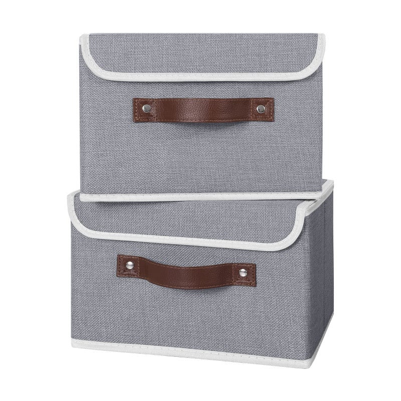 ANMINY 2PCS Storage Bins with Lid PU Leather Handles Storage Boxes PP Plastic Board Decorative Foldable Lidded Cotton Linen Fabric Home Cubes Baskets Closet Organizer Containers Gray Small Size