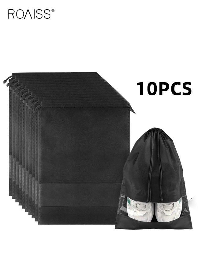 roaiss 10-Pack Unisex Travel Shoe Bags, Small Size 27*36cm Transparent Storage Bags with Drawstring for Hand Carry or Hanging Outdoor Travel Shoe Packaging Bags - Portable, Multi-Functional, Odor-Resistant, Black - Image 1
