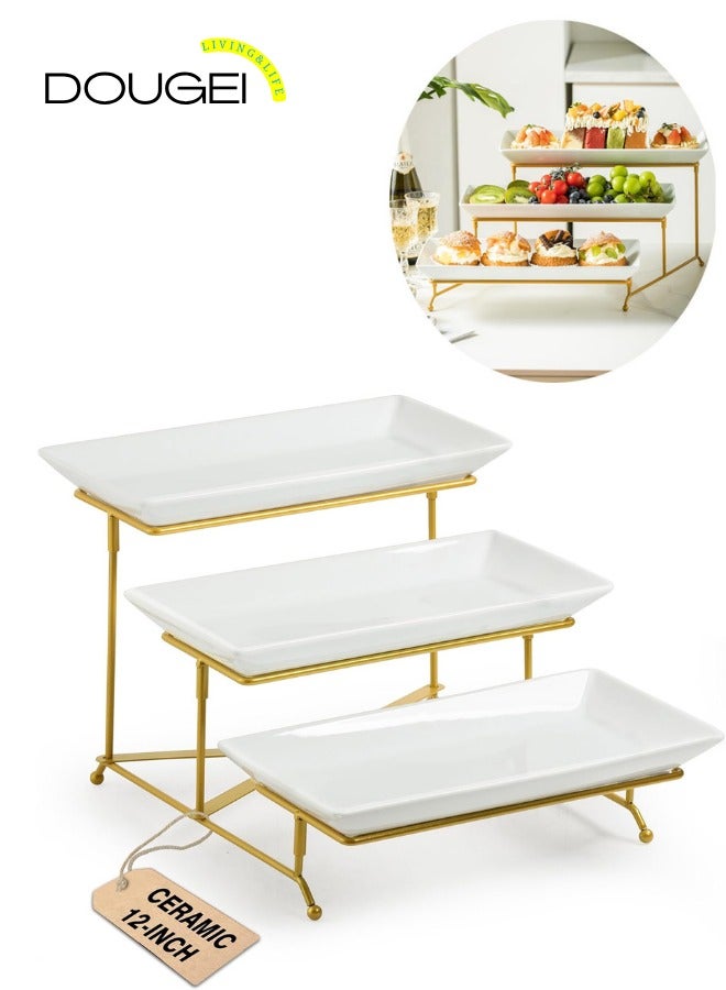 دوغي صواني تقديم ثلاثية الطوابق للحفلات، صواني وأطباق تقديم من الخزف، حامل صواني متعدد الطوابق مقاس 12 بوصة، صينية فواكه، صواني لتقديم الطعام، حامل حلوى أبيض مع رف معدني قوي قابل للطي - Image 1