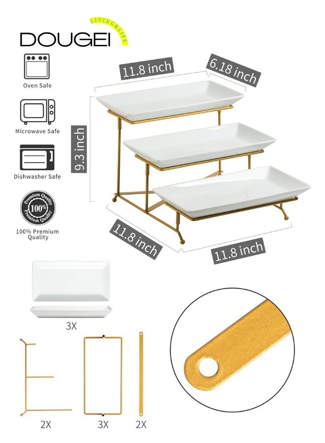 دوغي صواني تقديم ثلاثية الطوابق للحفلات، صواني وأطباق تقديم من الخزف، حامل صواني متعدد الطوابق مقاس 12 بوصة، صينية فواكه، صواني لتقديم الطعام، حامل حلوى أبيض مع رف معدني قوي قابل للطي - Image 2