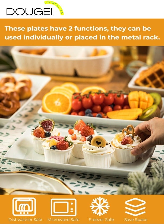 دوغي صواني تقديم ثلاثية الطوابق للحفلات، صواني وأطباق تقديم من الخزف، حامل صواني متعدد الطوابق مقاس 12 بوصة، صينية فواكه، صواني لتقديم الطعام، حامل حلوى أبيض مع رف معدني قوي قابل للطي - Image 4