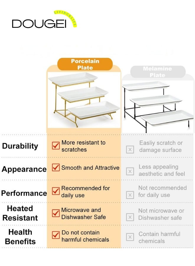 دوغي صواني تقديم ثلاثية الطوابق للحفلات، صواني وأطباق تقديم من الخزف، حامل صواني متعدد الطوابق مقاس 12 بوصة، صينية فواكه، صواني لتقديم الطعام، حامل حلوى أبيض مع رف معدني قوي قابل للطي - Image 3