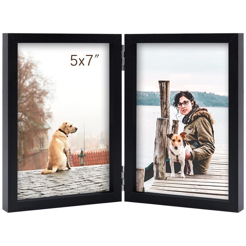 Forev 5x7 Double Picture Frame Wooden Hinged Photo Frame Definition glass Stand Vertically on Desktop or Tabletop Black