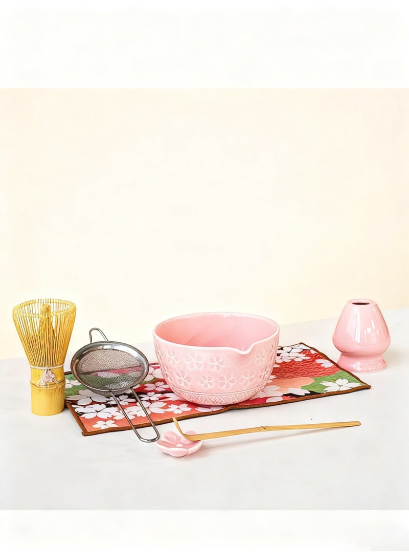 JOGAMS 7Pcs Matcha Pink Tea Whisk Set, Matcha Kit with Matcha Bowl with Pouring Spout, Matcha Whisk, Whisk Holder, Strainer Elegant Matcha Set for Gifting and Personal Use, Gift Box Packaging - Image 1