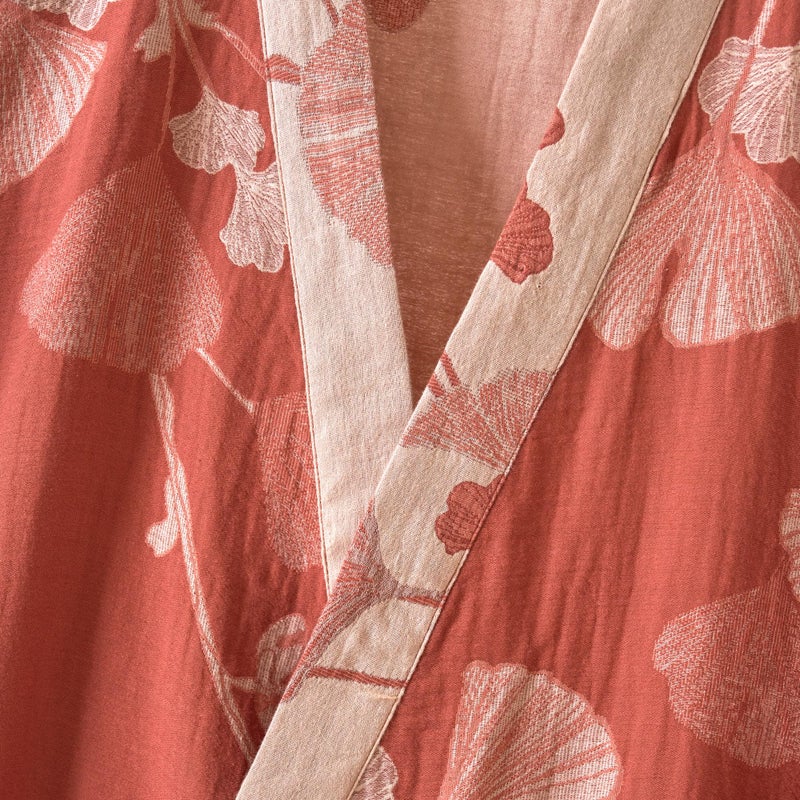 Purefair 100% Cotton Gauze Ginkgo Leaf Kimono Robe, Long Knit Loose Bathrobe Nightgown Ladies Loungewear Sleepwear for Women - Image 4