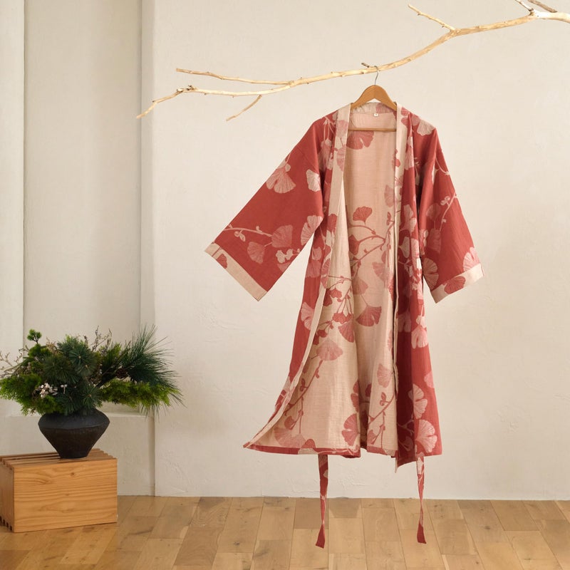 Purefair 100% Cotton Gauze Ginkgo Leaf Kimono Robe, Long Knit Loose Bathrobe Nightgown Ladies Loungewear Sleepwear for Women - Image 2