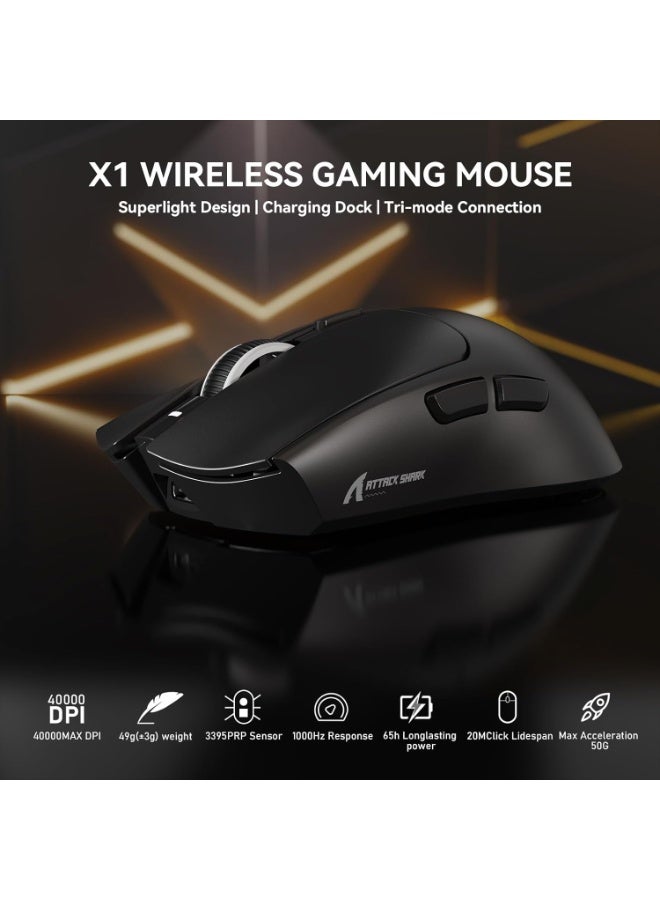 Attack Shark X1 Wireless Gaming Mouse 53g Ultralight, PAW3395PRO Sensor, 26000 DPI (40K Max), Tri-Mode BT/2.4G/Wired, 1000Hz Polling Rate, RGB Magnetic Charging Dock, 100M Click Omron Switches, Ergonomic FPS Mouse | Black - Image 2
