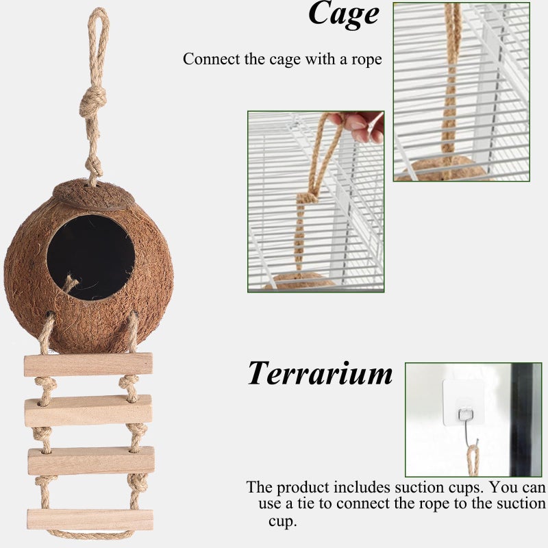 HERCOCCI Gecko Tank Accessories, Hermit Crab Toys Coconut Shell Natural Coconut Husk Hut with Climbing Ladder with Suction Cup for Leopard Gecko Snake Reptiles - Image 4