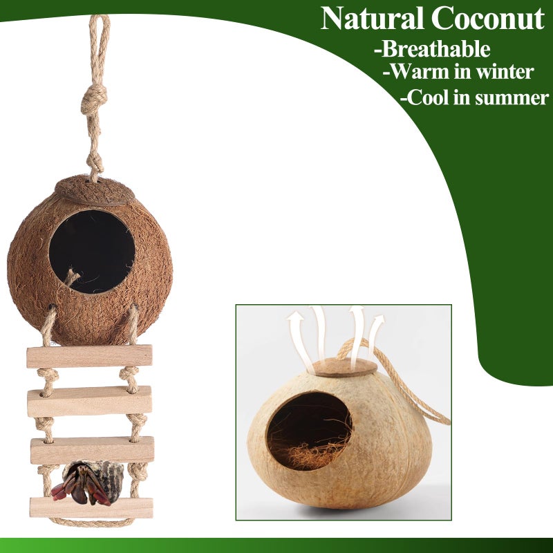 HERCOCCI Gecko Tank Accessories, Hermit Crab Toys Coconut Shell Natural Coconut Husk Hut with Climbing Ladder with Suction Cup for Leopard Gecko Snake Reptiles - Image 2