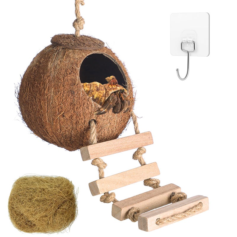 HERCOCCI Gecko Tank Accessories, Hermit Crab Toys Coconut Shell Natural Coconut Husk Hut with Climbing Ladder with Suction Cup for Leopard Gecko Snake Reptiles - Image 1