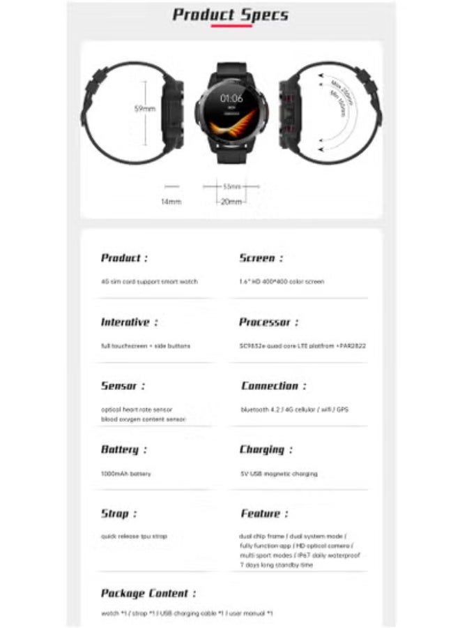 Dual System 4G Smartwatch – 5MP HD Camera 1000mAh Battery SIM & Bluetooth Call ,AI Sports Heart Rate & SpO₂ Monitor