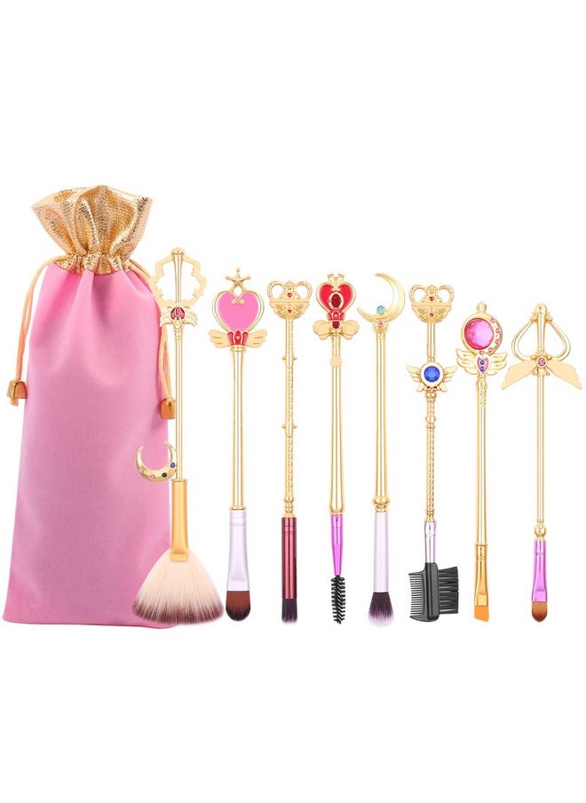 رونج جي جولري - مجموعة فرش مكياج Kawaii Sailormoon 8 قطع من فرش مكياج Anime Magic Wand مع حقيبة وردية، مجموعة فرش أساس احترافية لبودرة العين المسطحة وأحمر الخدود للفتيات والنساء المعجبات - Image 1