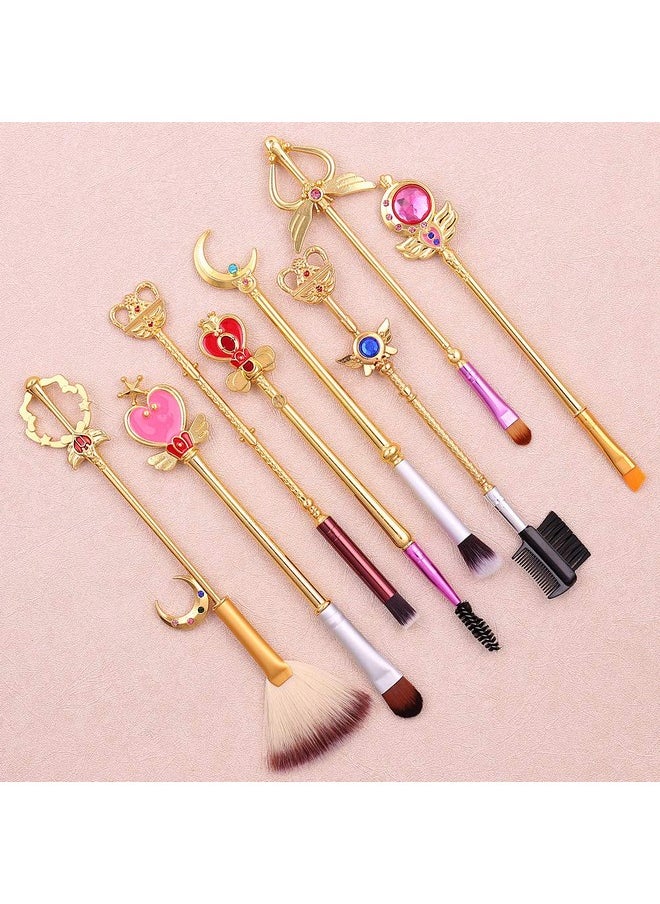 رونج جي جولري - مجموعة فرش مكياج Kawaii Sailormoon 8 قطع من فرش مكياج Anime Magic Wand مع حقيبة وردية، مجموعة فرش أساس احترافية لبودرة العين المسطحة وأحمر الخدود للفتيات والنساء المعجبات - Image 1