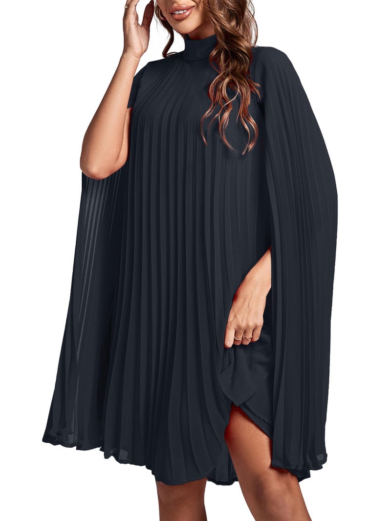 Rooscier Women's Pleated Mock Neck Cloak Sleeve Keyhole Back Flowy Party Midi Dress Plain Navy Blue Small - Image 4