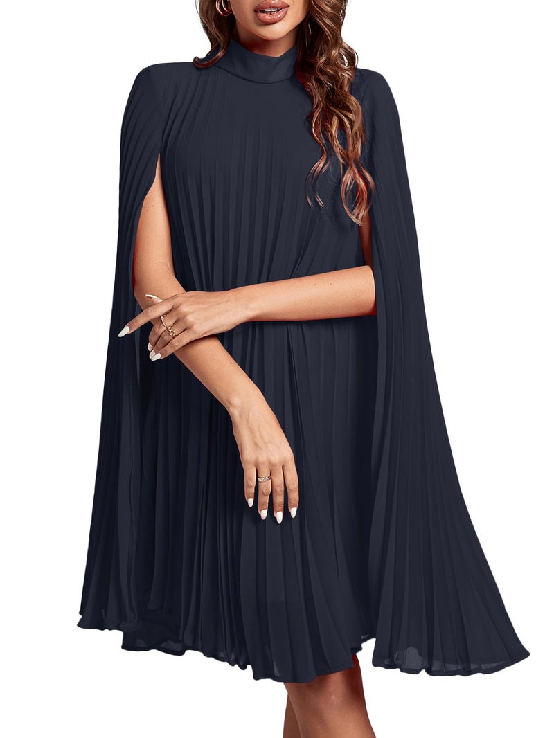 Rooscier Women's Pleated Mock Neck Cloak Sleeve Keyhole Back Flowy Party Midi Dress Plain Navy Blue Small - Image 1