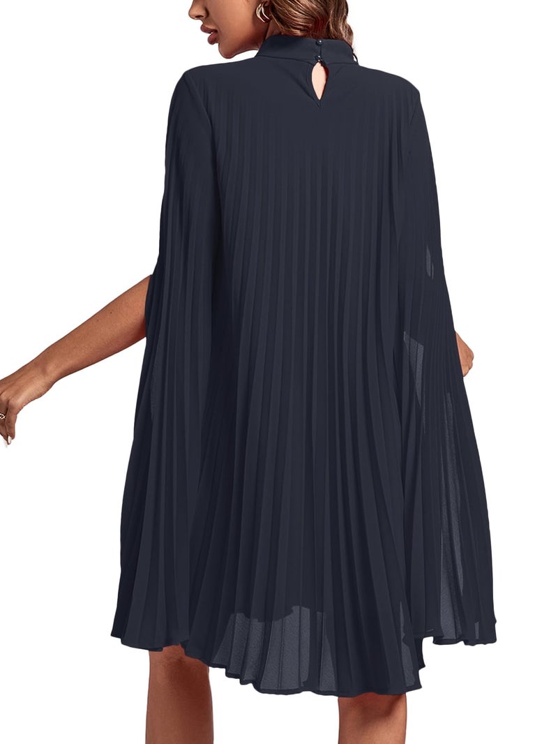 Rooscier Women's Pleated Mock Neck Cloak Sleeve Keyhole Back Flowy Party Midi Dress Plain Navy Blue Small - Image 2