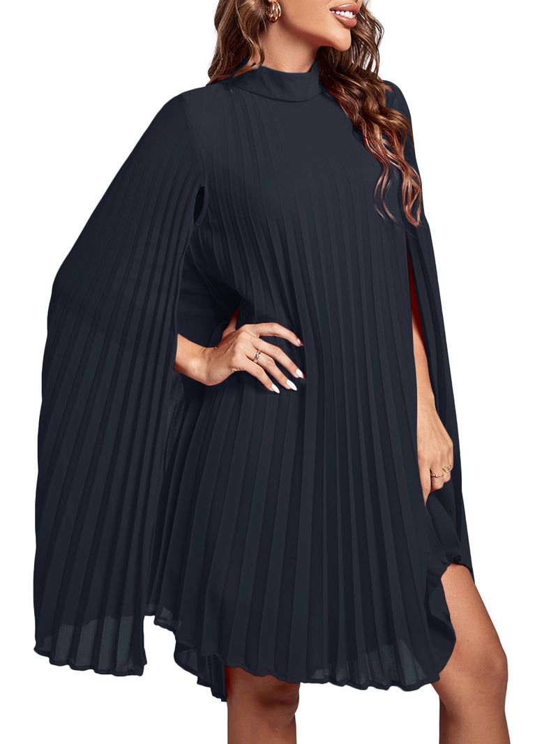 Rooscier Women's Pleated Mock Neck Cloak Sleeve Keyhole Back Flowy Party Midi Dress Plain Navy Blue Small - Image 3