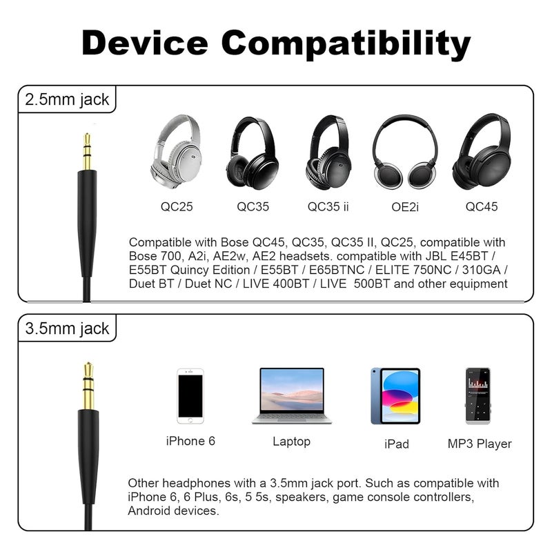 كابل صوتي بديل متوافق مع سماعات Bose QuietComfort QC45، QC35II، QC35، QC25، OE2، OE2i، NC700؛ يتميز بموصل من نوع 3.5 مم إلى 2.5 مم لنقل الإشارات الصوتية بجودة عالية (أسود، طول 5 أقدام/1.5 متر). - Image 2