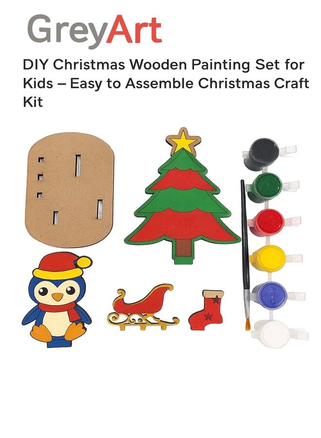 GreyArt DIY Christmas Wooden Painting Set for Kids - Penguin & Christmas Tree MDF Craft Kit with Paints & Brush | Fun Holiday Art & Craft Activity - Image 2