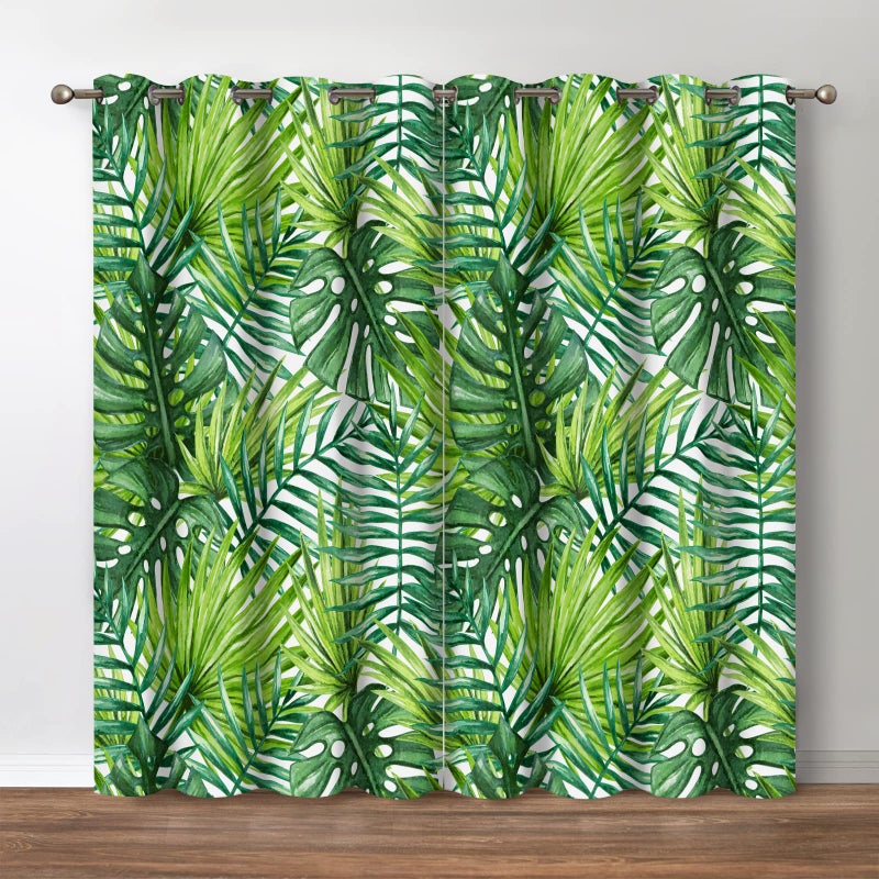 Jekeno Tropical Leaf Blackout Curtains - Room Darkening Window Drapes Nature Plants Green Leaves Theme Print Decor Home Bedroom Living Room Apartment Grommet Window Treatments 2 Panels Set, 52"x84" - Image 1
