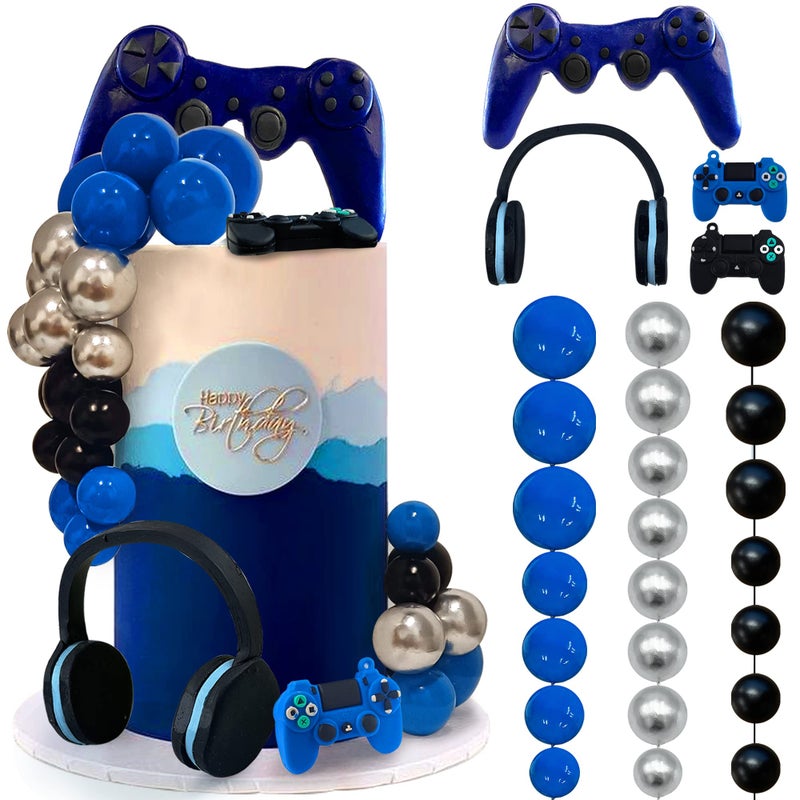 TOSPARTY 30 PCS Video Game Themes Cake Toppers Headset Ball Game Controller Cake Decoration for Game Theme Birthday Party Cake Decoration (Blue) - Image 1