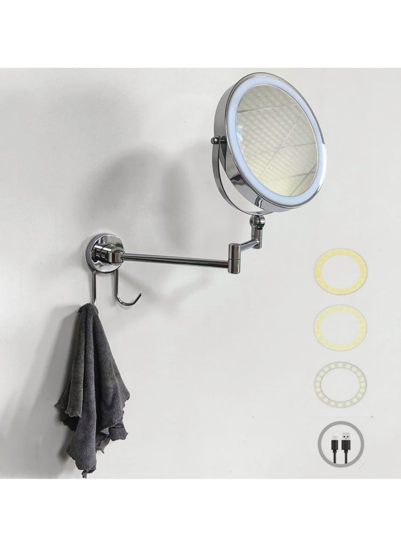 XiuWoo Chrome Wall Mounted Double Sided LED Makeup Vanity Mirror with 3 Colors Dimmable, Bathroom Rechargeable Adjustable HD Magnification Beauty Shaving Cosmetic Mirror with Stainless Steel Hook,5X - Image 1