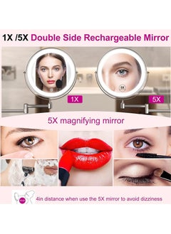 XiuWoo Chrome Wall Mounted Double Sided LED Makeup Vanity Mirror with 3 Colors Dimmable, Bathroom Rechargeable Adjustable HD Magnification Beauty Shaving Cosmetic Mirror with Stainless Steel Hook,5X  - Image 3