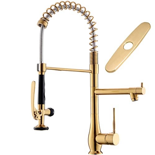 GIMILI Brushed Gold Kitchen Faucet with Pull Down Sprayer Single Handle High Pressure Brass Kitchen Sink Faucet Commercial DoubleHeaded Kitchen Faucets Sink with Deck Plate