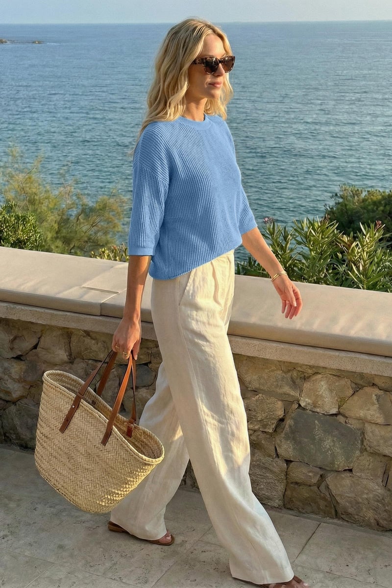 Arach&Cloz 2026 Women's Cotton Spring Summer Crochet Tops Crew Neck 3/4 Half Drop Short Sleeve Hollow Out Oversized Resort Wear Sweater Casual Vacation Outfits Fashion Trendy Shirts Light Blue S - Image 5