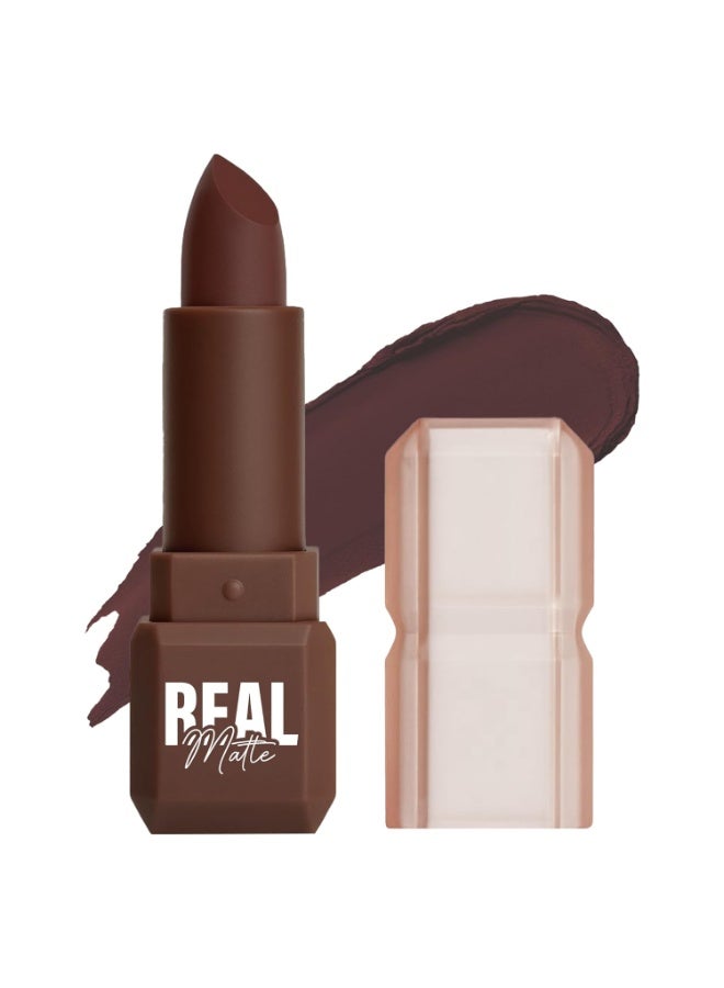 ميلا بيوتي أحمر الشفاه "ريال مات" (Real Matte) من ميلا بوتيه (Mila Beauté) | غني بخلاصة ثمر الورد | لمسة نهائية مطفية للغاية وثبات طويل الأمد | تغطية كاملة بمسحة واحدة، خفيف الوزن ومريح - درجة 6-موكا براون (Mocha Brown) | 4.2 جم - Image 1