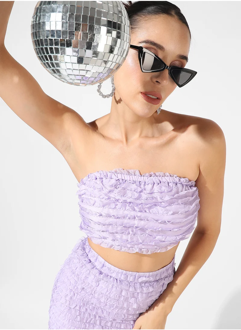 Campus Sutra Campus Sutra Women's Lilac Ruffle Co-Ord Set For Casual Wear | Sleeveless | Polyester Fabric | Off-Shoulder Clothing Set Crafted With Comfort Fit And High Performance For Everyday Wear