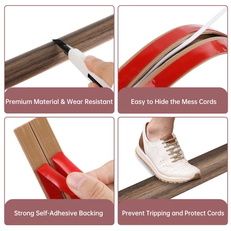 LSGCQ Floor Cord Cover Self Adhesive Cord Hider Floor Extension Cord Covers for Floor Power Cord Protector Cable Management Prevent Cable Trips Cable Cavity 0.32" W x 0.32" H (Smoked Brown Wood, 3.3Ft) - Image 3