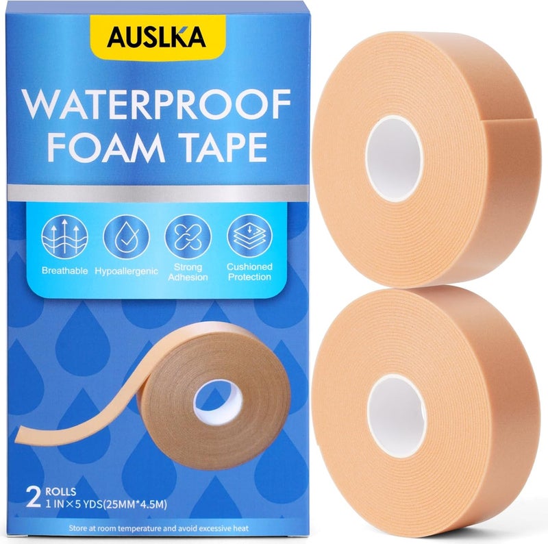 AUSLKA 2 Rolls Waterproof Foma Tape, 1 in x 5 Yds, Flexible Foam Medical Tape, Waterproof Bandages, Ideal for Medical Applications, Securing Bandages, Dressings