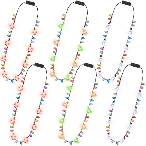 Traplace 6PCS Light Up Christmas Necklace 3 Modes Christmas Accessories Multicolor Necklace Decorations 3 Festive Designs with Santa Tree Snowman Ugly Sweater Decor Xmas Theme Party Supplies - Image 1