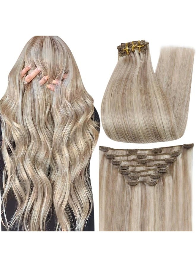 Full Shine Clip in Hair Extensions Real Human Hair Blonde 22 Inch Clip in Human Hair Ash Blonde Highlight Seamless Hair Extensions Clip ins for Women 7 Pcs 120 G - Image 1