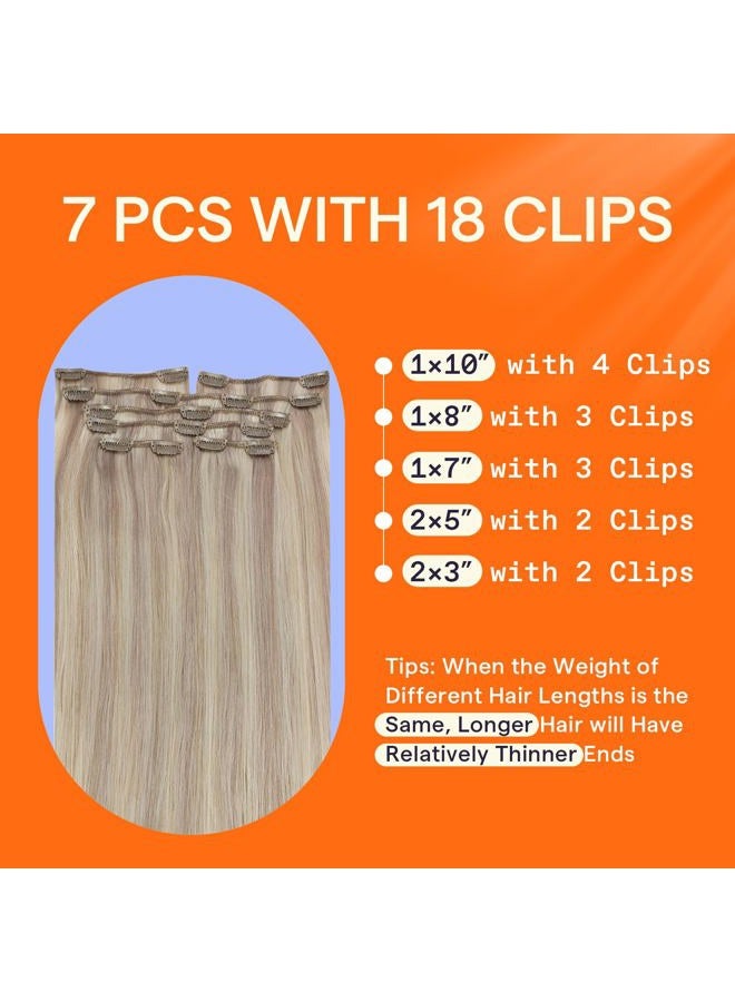 Full Shine Clip in Hair Extensions Real Human Hair Blonde 22 Inch Clip in Human Hair Ash Blonde Highlight Seamless Hair Extensions Clip ins for Women 7 Pcs 120 G - Image 4