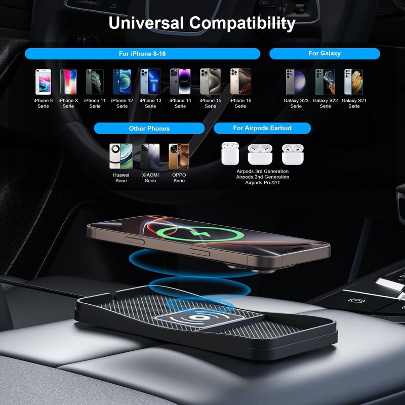 KASTWAVE 15W Fast Wireless Car Charger Qi-Certified Charging Pad Non-Slip Cordless Phone Charger with Automatic Alignment and Overheat Protection Compatible for iPhone and Samsung Galaxy - Image 3