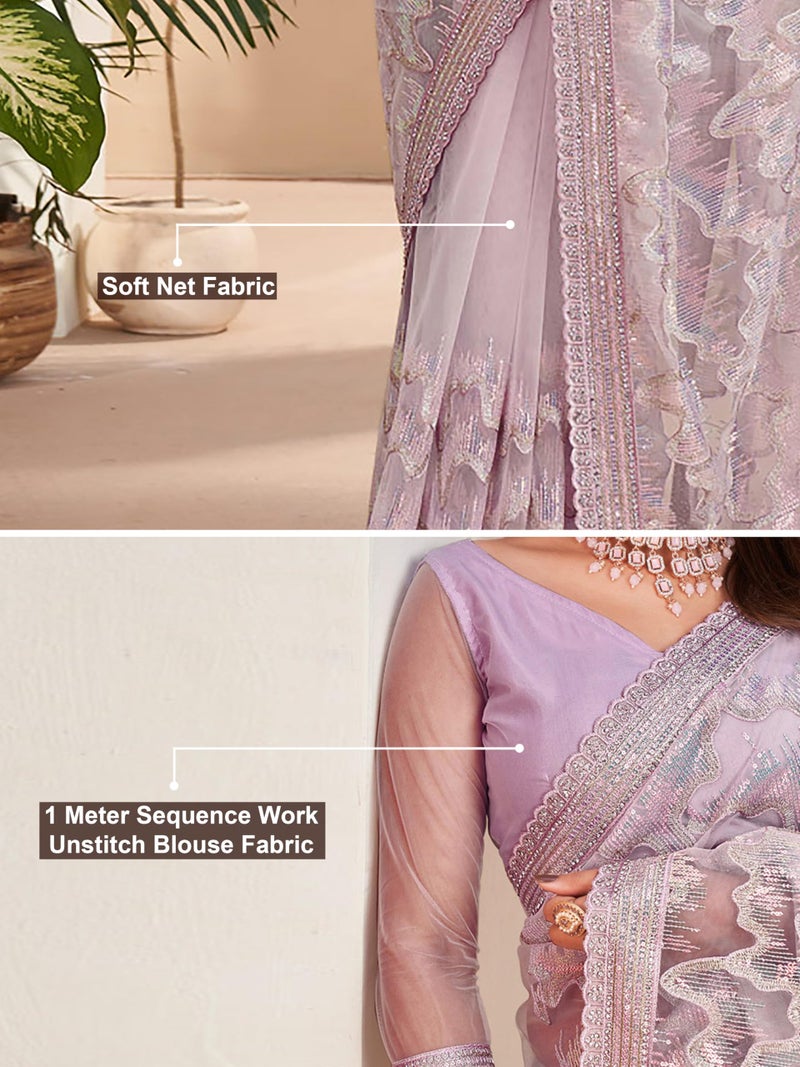 TRENDMALLS Women's Net Embroidery Stone, Sequin Work Saree with Unstitch Blouse Piece (K1126-Pink) - Image 5