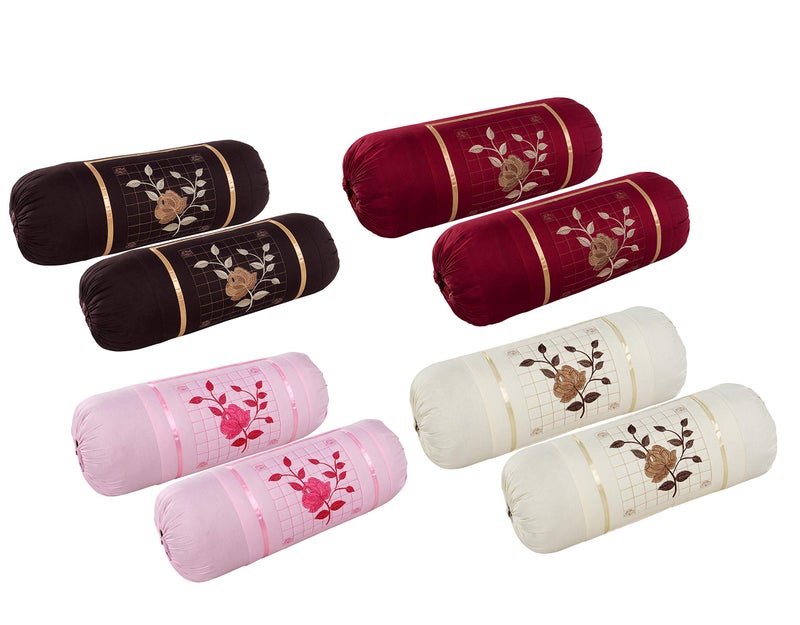 Rj Products Embroided Cotton Bolster Covers Set of 8piece Maroon,Gajri,Coffe, and offwhite Colour - Image 1
