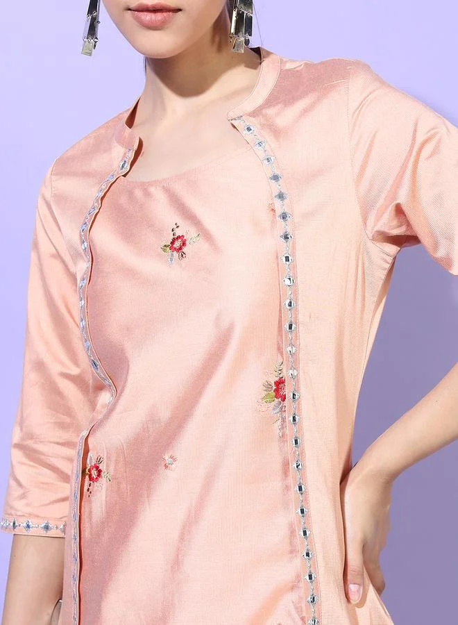 Vishudh Women Peach Embroidered Kurta with Trouser by Styli