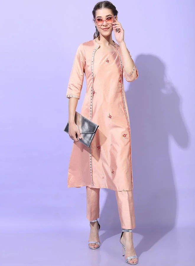 Vishudh Women Peach Embroidered Kurta with Trouser by Styli