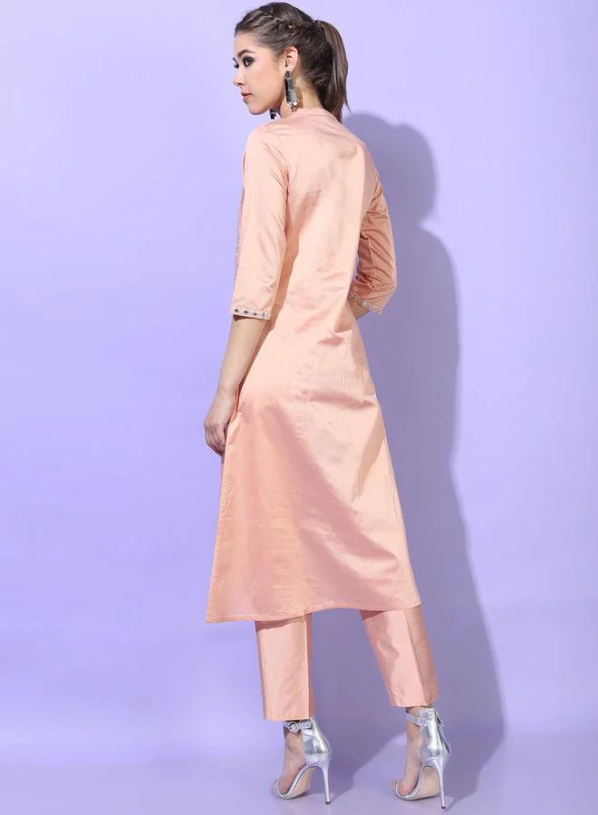Vishudh Women Peach Embroidered Kurta with Trouser by Styli