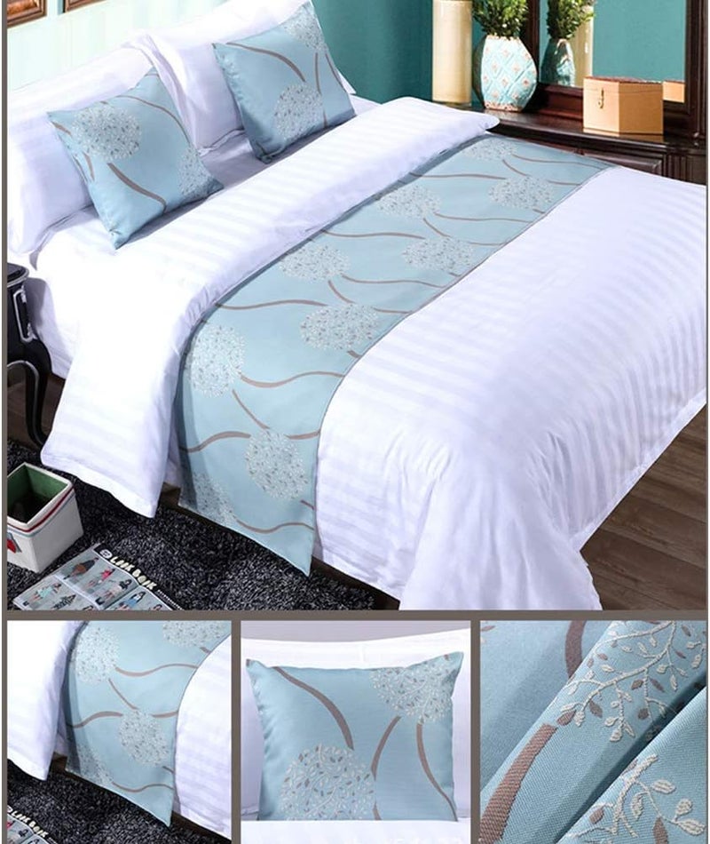 TWELVE 3pcs Bed Runner Set - 1 Scarf and 2 Pillowcases, Rippling Teal Bedding Scarves for Guesthouse, Hotel, Home Decor (50x260cm) - Image 1