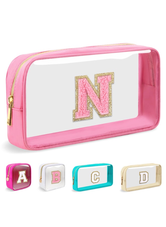 Iqimott Small Clear Personalized Initial Makeup BagNylon Preppy AZ Chenille Letter Patch Cosmetic Pouch Beach Toiletry BagWaterproof Zipper Travel Purse Storage Bag Organizer for Women GirlsPinkPink N - Image 2
